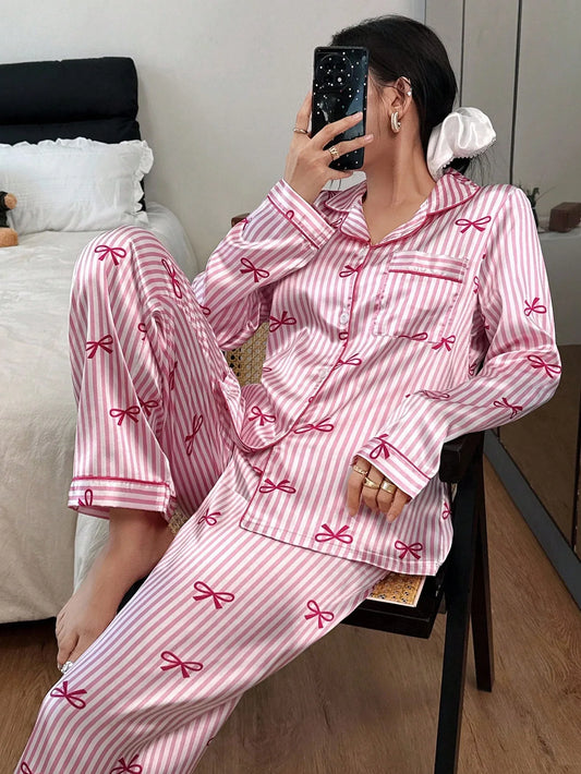 Women's Striped Satin Pajama Set With Bow Print Long Sleeve Top And Pants