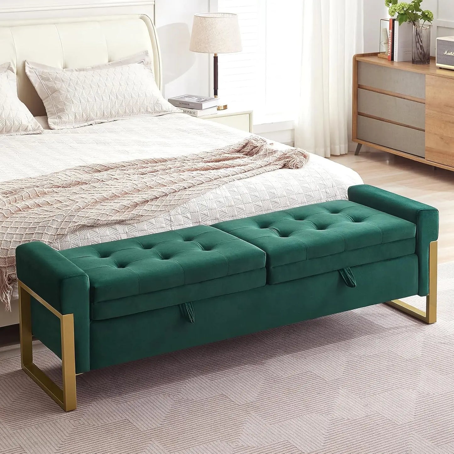 Bed End Storage Bench With Velvet Upholstery And Metal Legs
