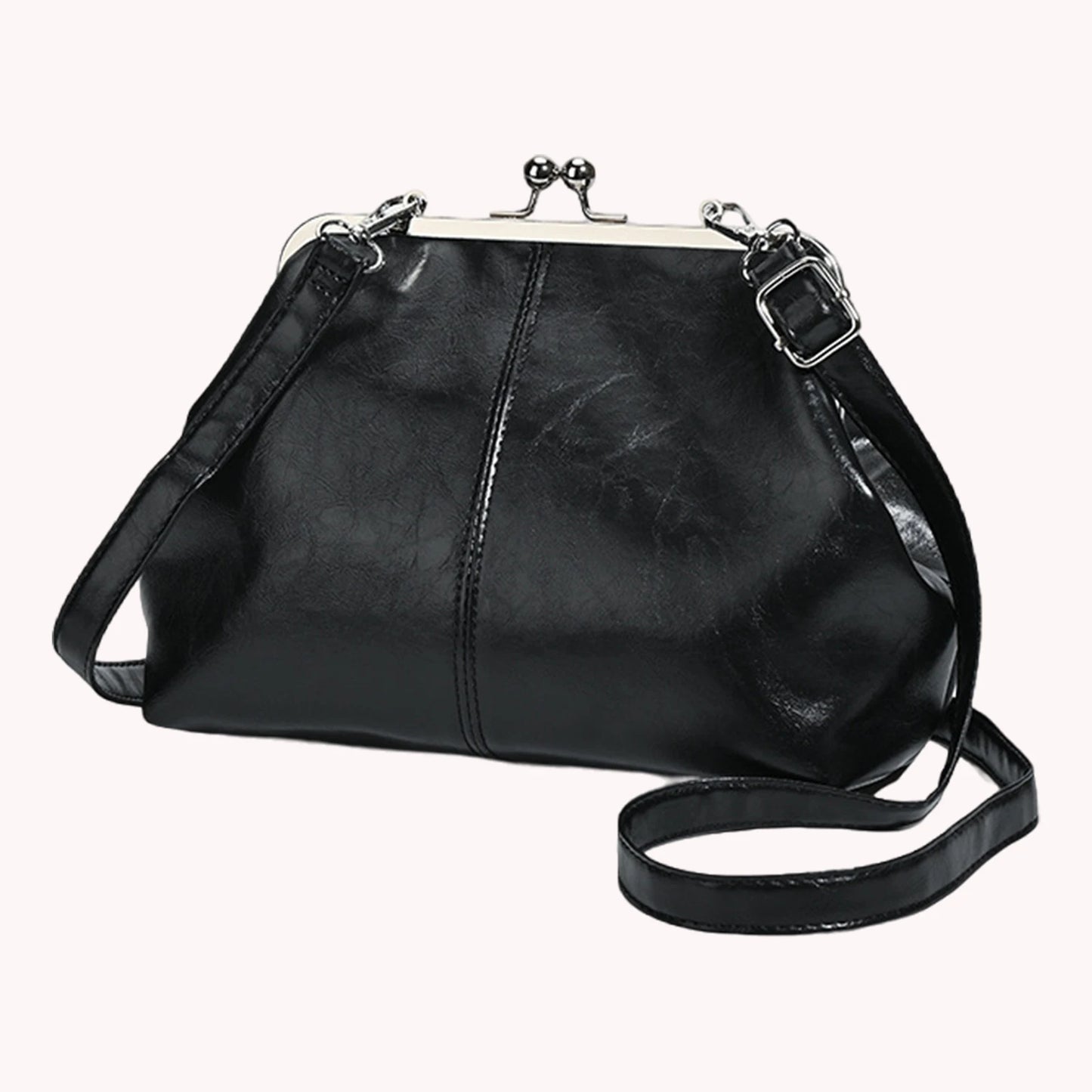 PU Leather Shoulder Bag For Women Adjustable Strap Kiss Lock