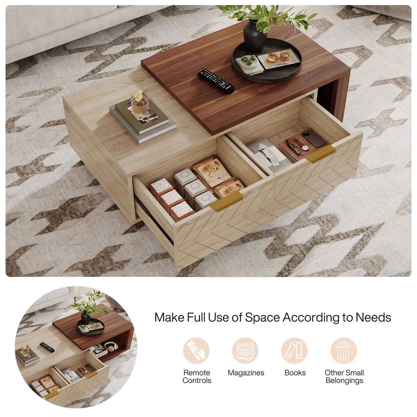 Tribesigns Extendable Coffee Table With Storage Drawers