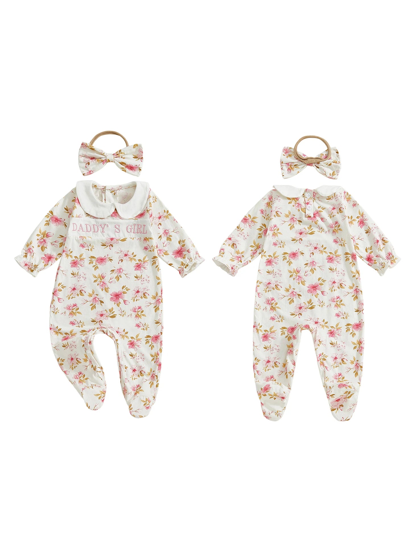 Floral Toddler Girl Ruffle Sleeve Romper With Lace Collar Set