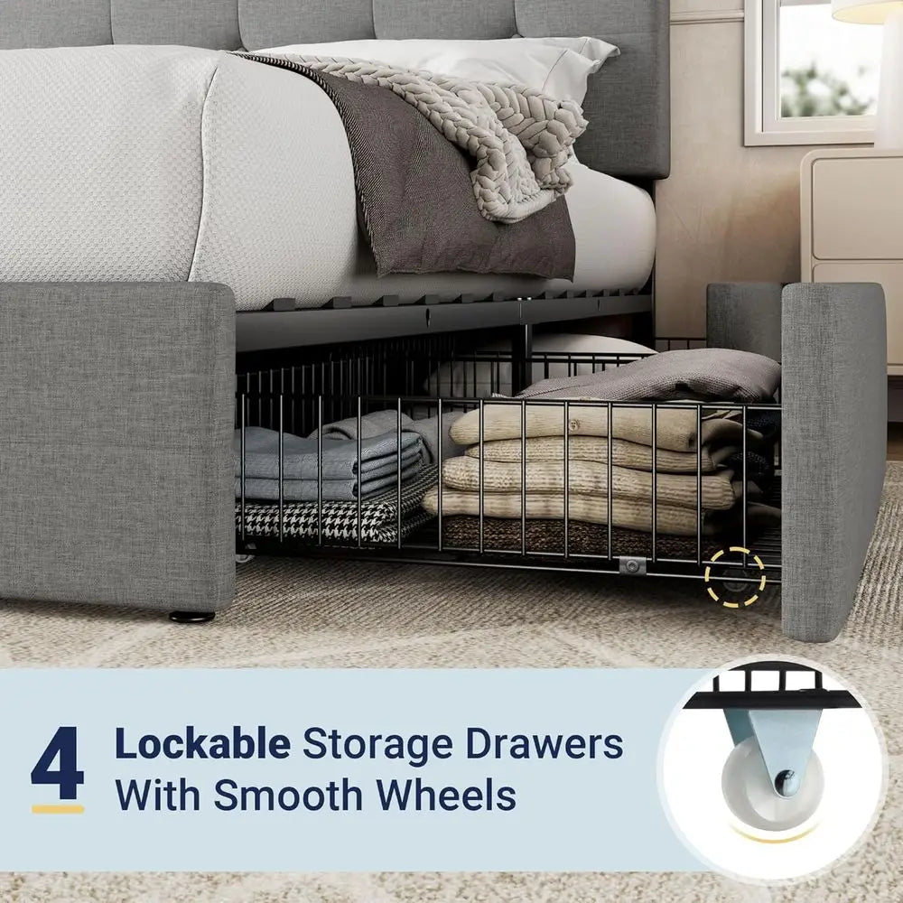 Upholstered Platform Bed With Four Drawers Button Tufted