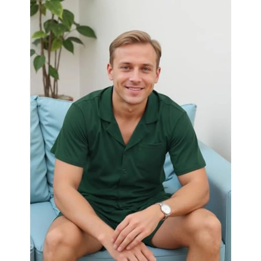 Marvmys Men Pajama Set Polyester Sleepwear Short Sleeve Pajamas