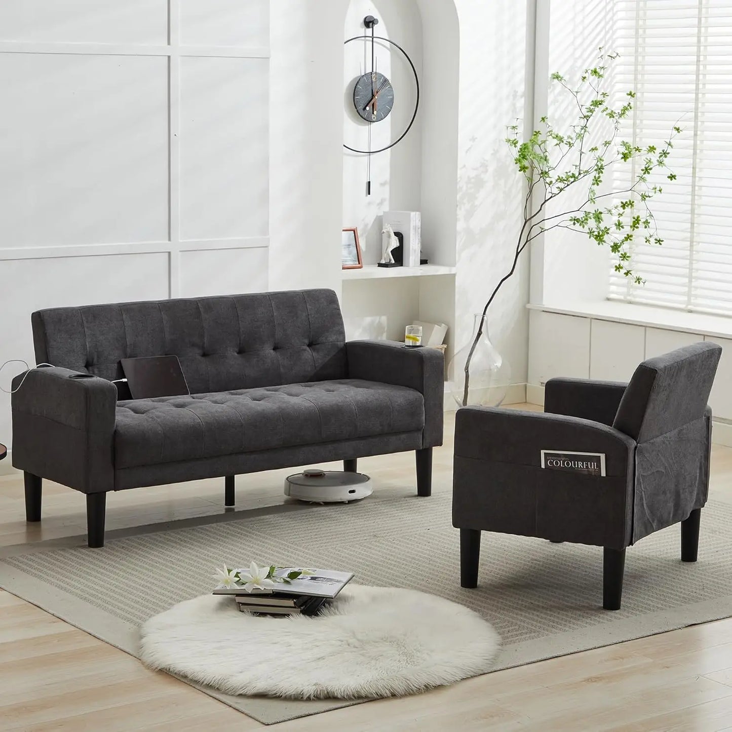 Tufted Mid-Century 2-Piece Sectional Sofa Set With USB Ports