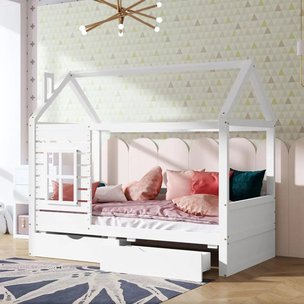 MKDK Kid House Bed Frame With Window And Roof With 2 Drawers