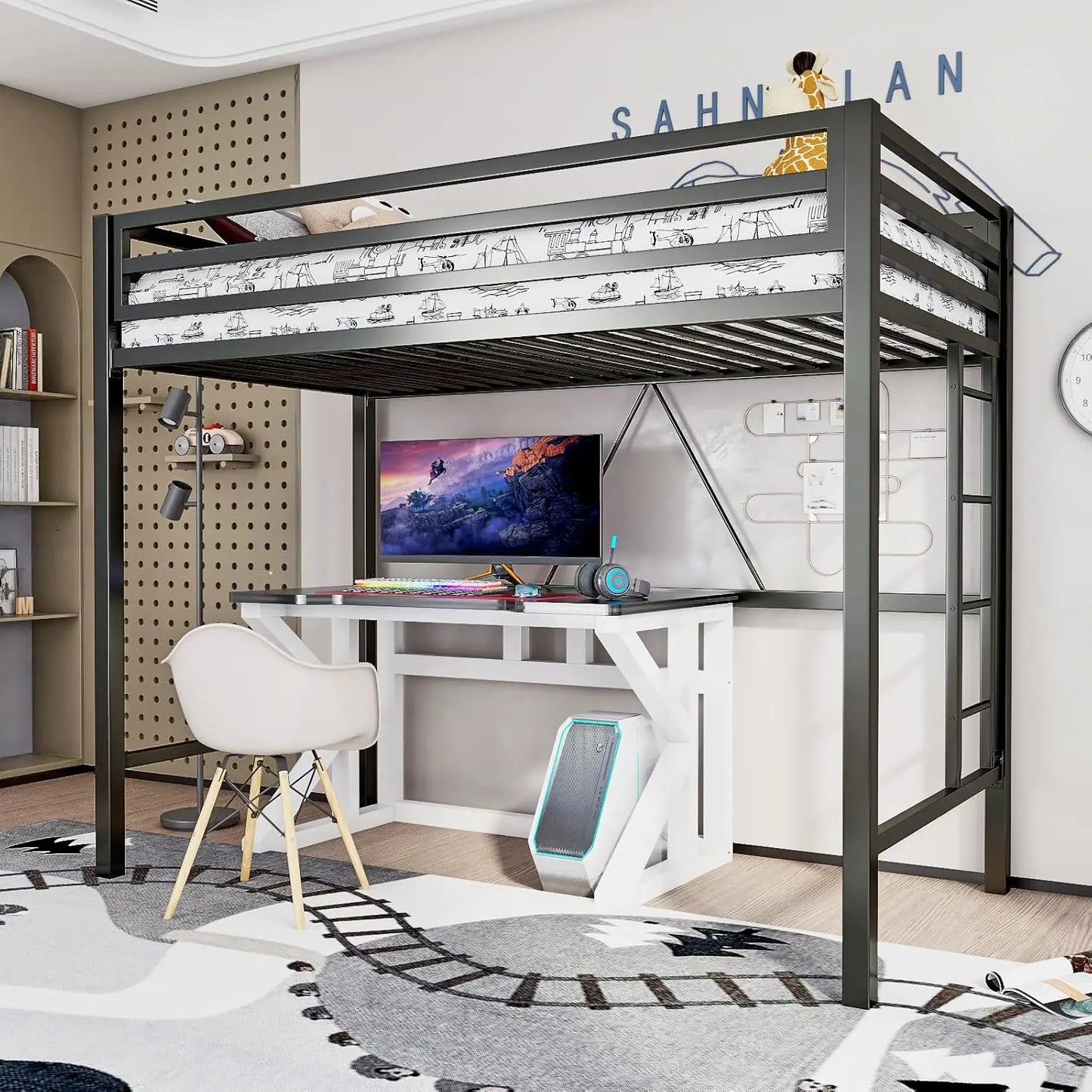 HUANZHUANG Metal Loft Bed With Safety Guardrail And Ladder