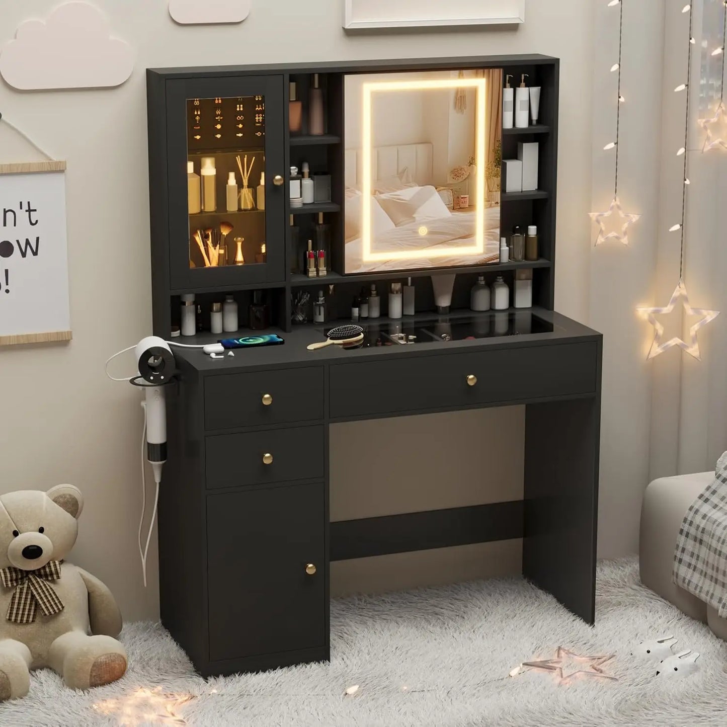 HUANZHUANG Makeup Vanity Desk With Mirror Lights Glass Top