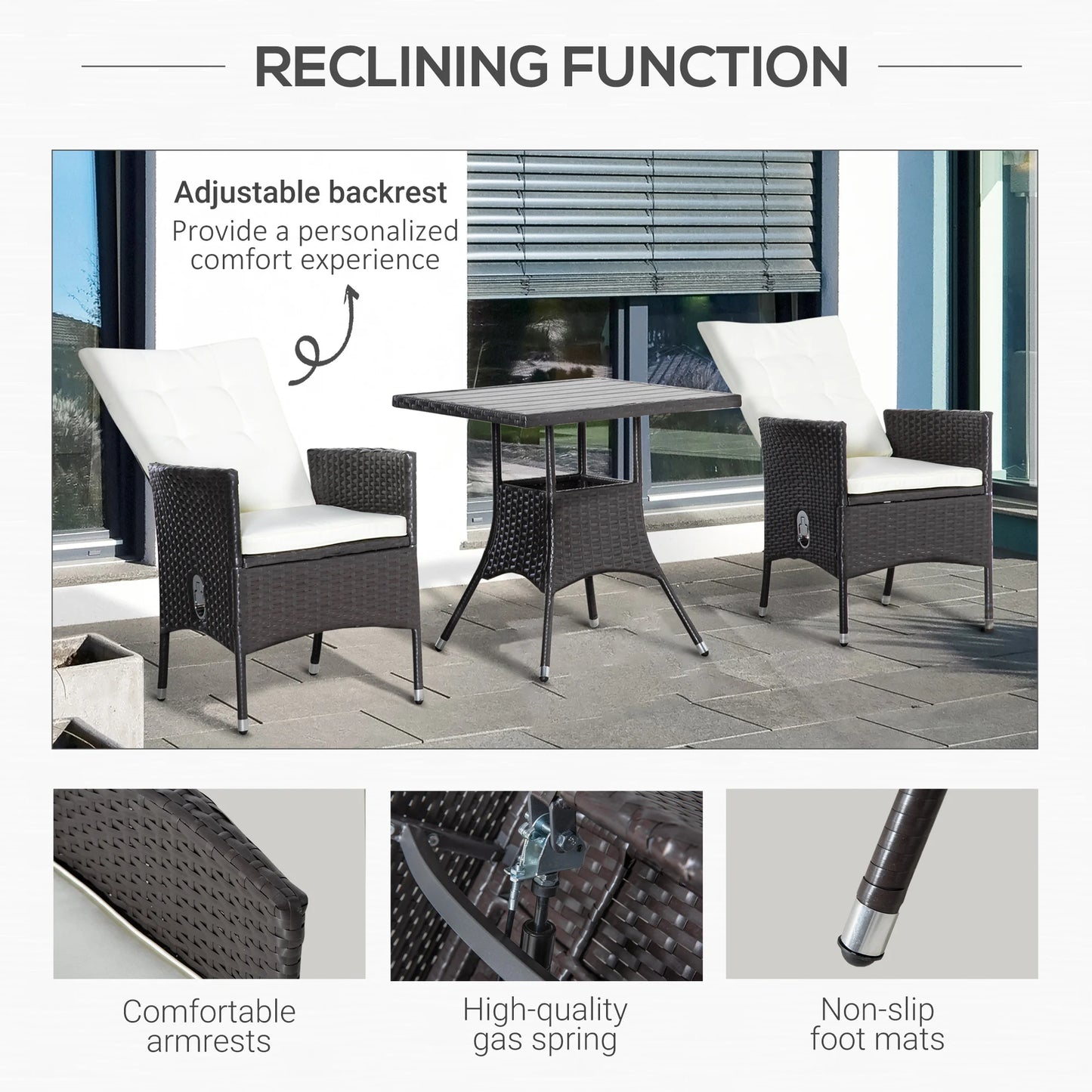 3 Piece Patio Reclining Chair Set Rattan Wicker Outdoor Furniture