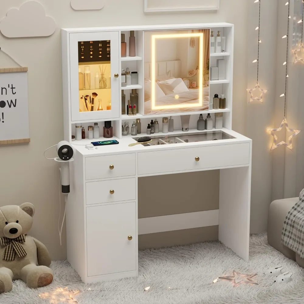 HUANZHUANG Makeup Vanity Desk With Mirror Lights Glass Top