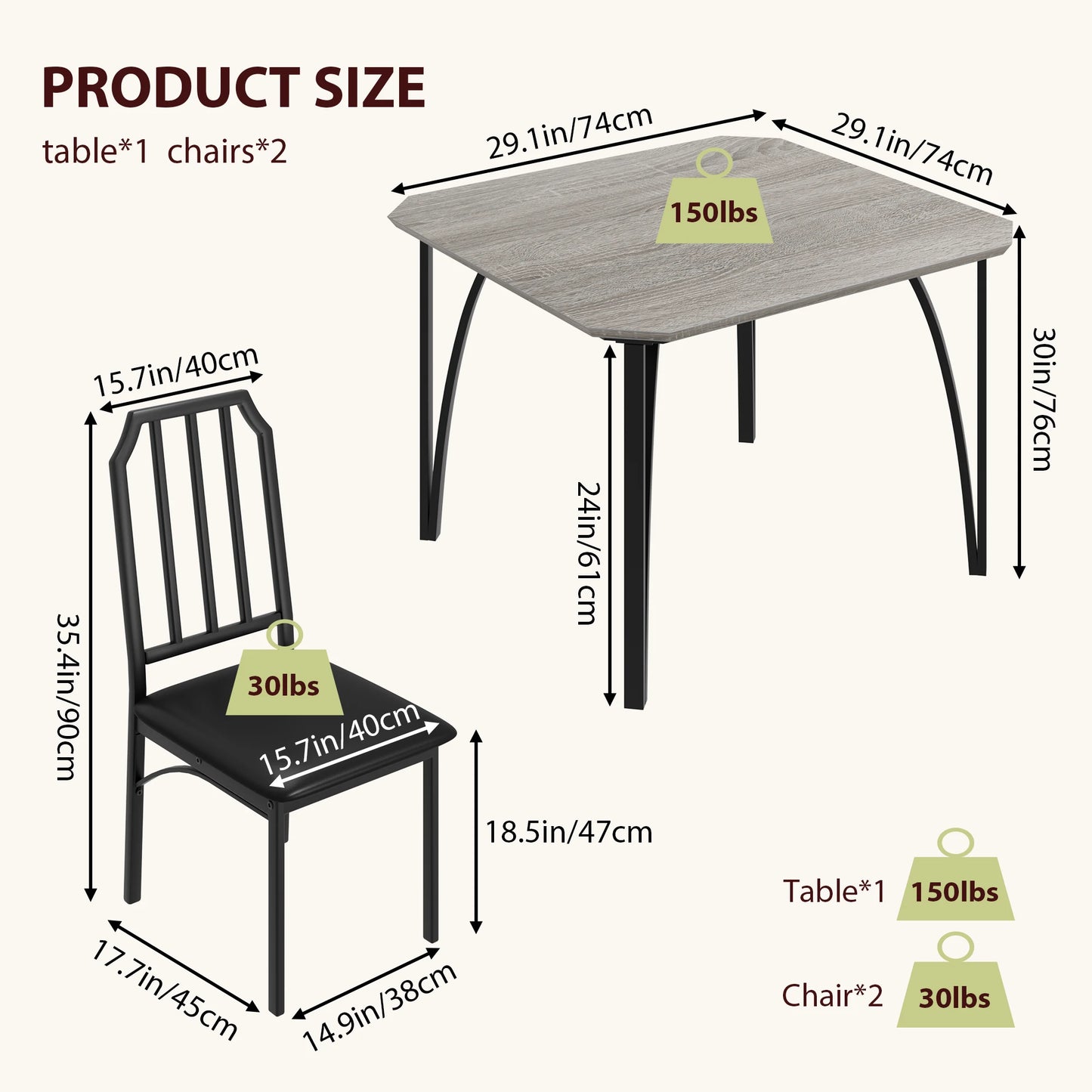 HiMISS Dining Table Set for 2 with PU Cushioned Chairs