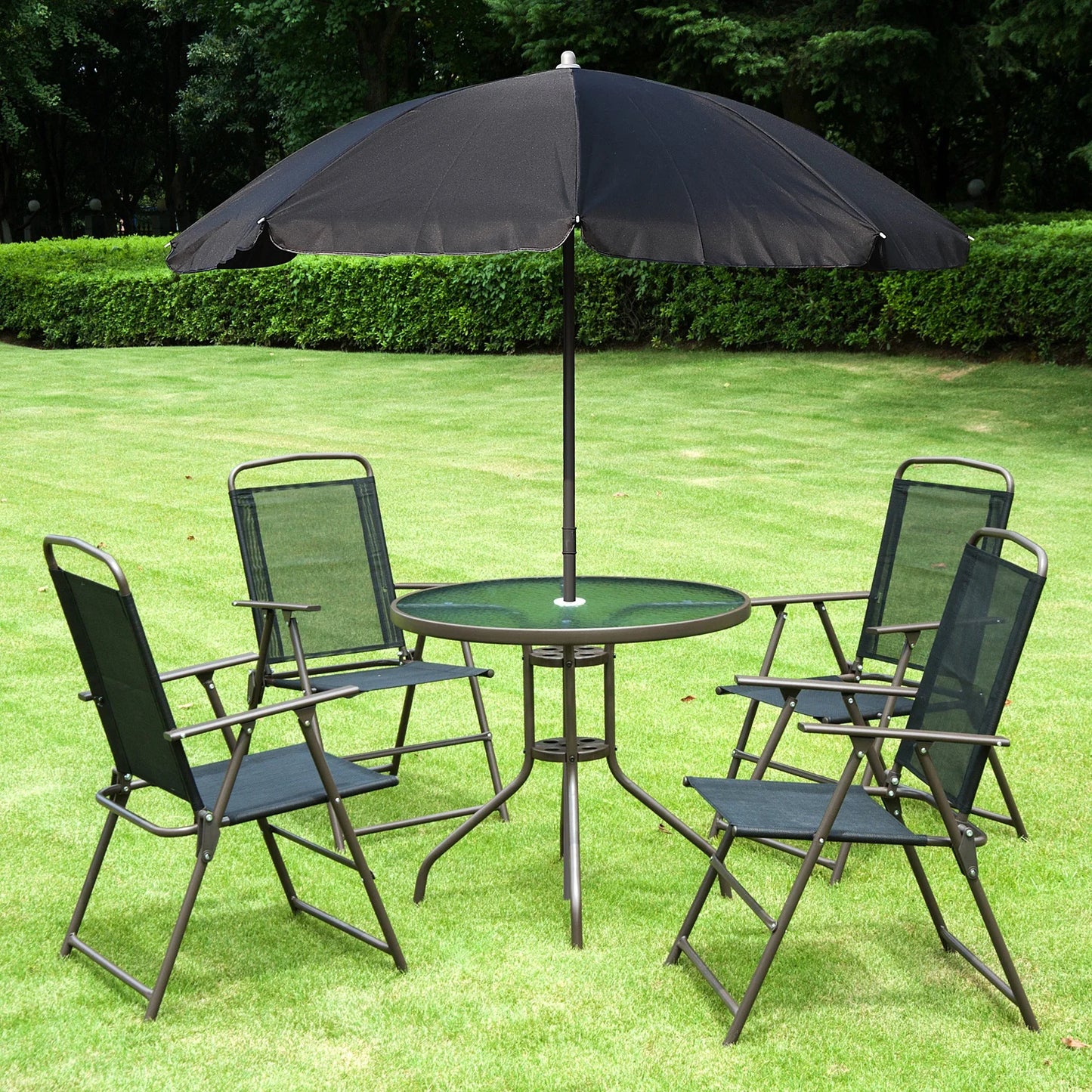 Outsunny Patio Dining Set With Umbrella Glass Table Folding Chairs
