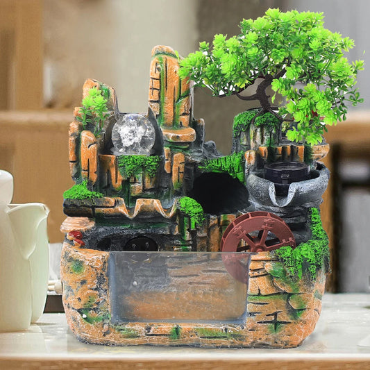 Resin Rock Fountain With LED Lights And Mist Maker For Indoor Tabletop