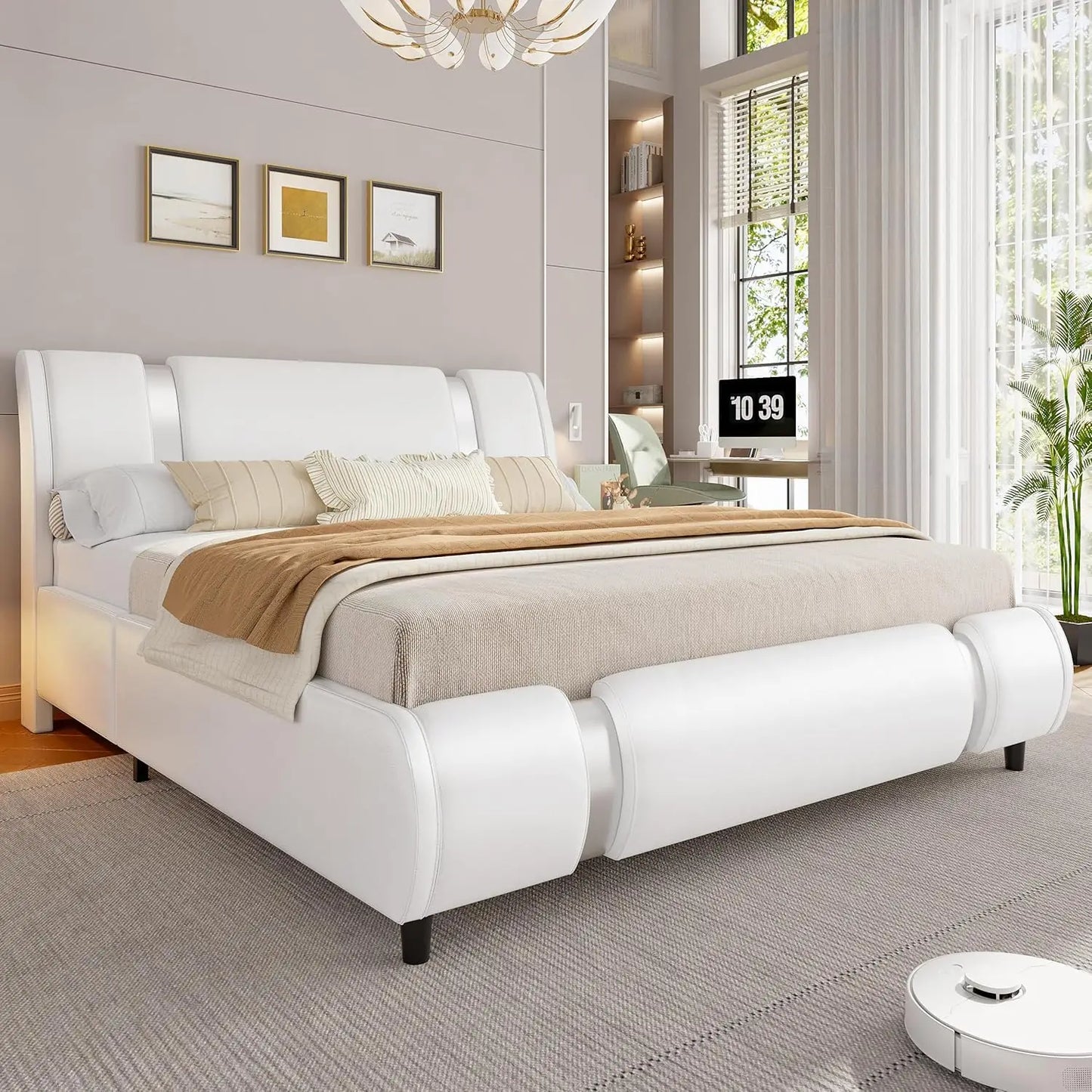 Keyluv Modern Faux Leather Upholstered Platform Bed Frame With Headboard