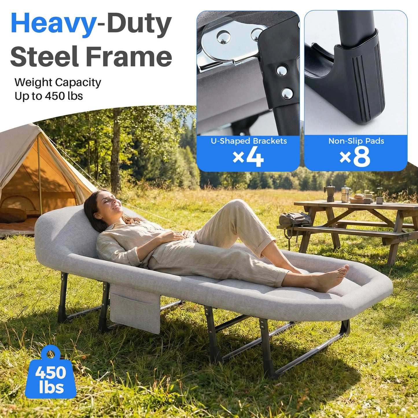 JHK Adjustable Folding Camping Bed With Mattress And Carry Bag