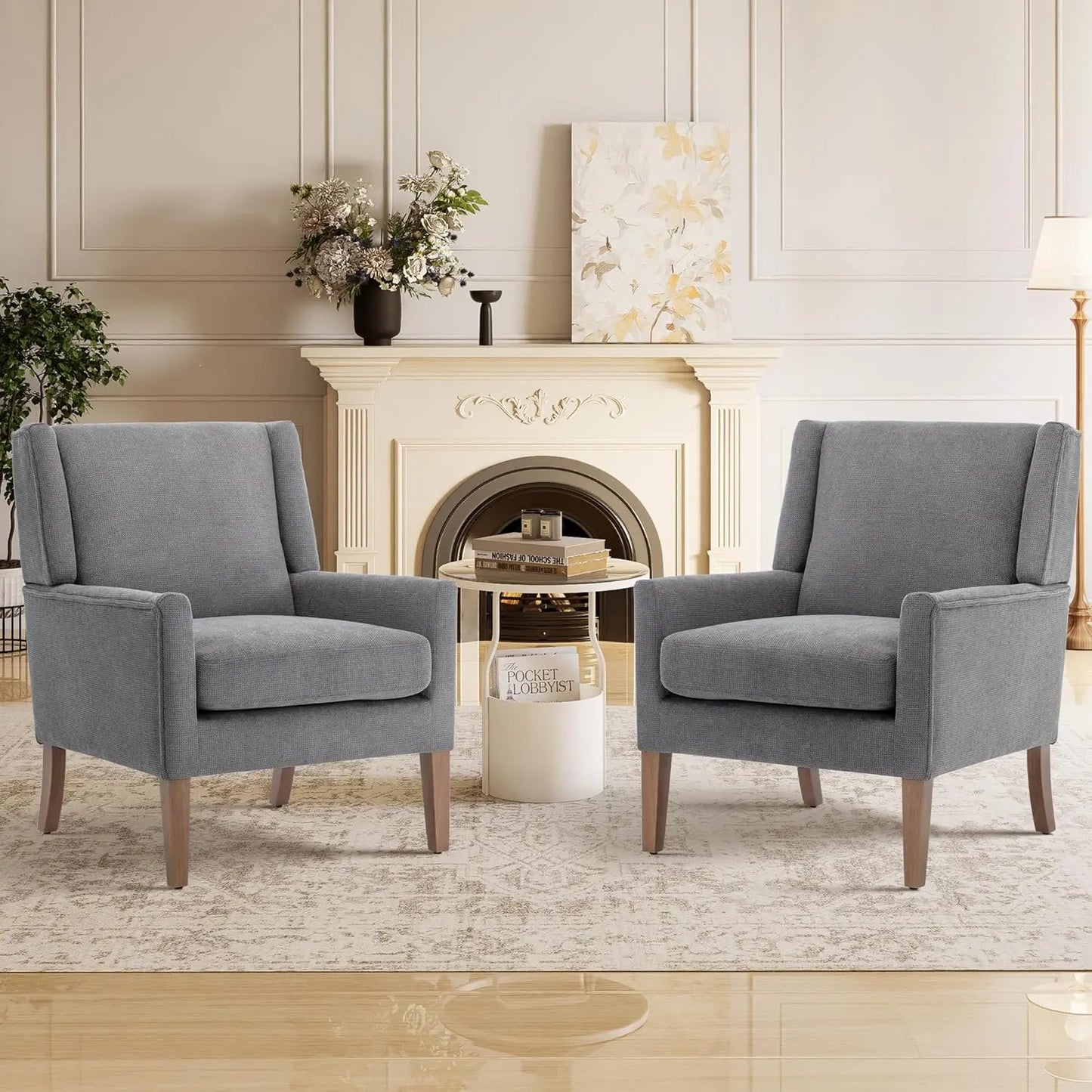 Wingback Accent Chair Set in Velvet with Wood Legs