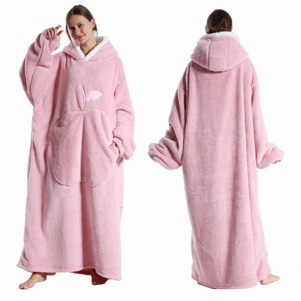 Polar Fleece Wearable Hooded Blanket With Sleeves For Adults