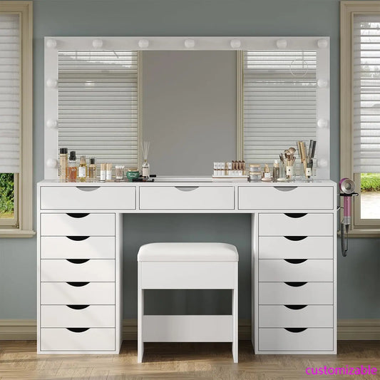 XMSJ Vanity Desk With Mirror 3 Color Lights And 15 Drawers