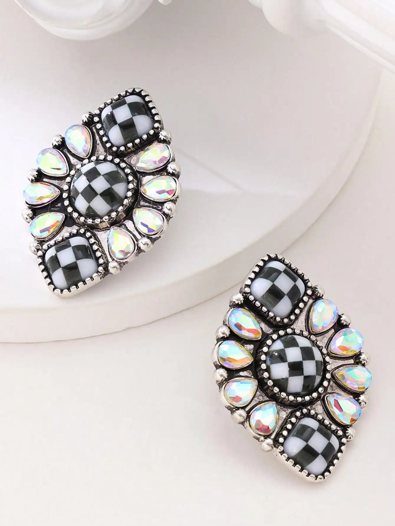 Checkerboard Stud Earrings With Iridescent Stones