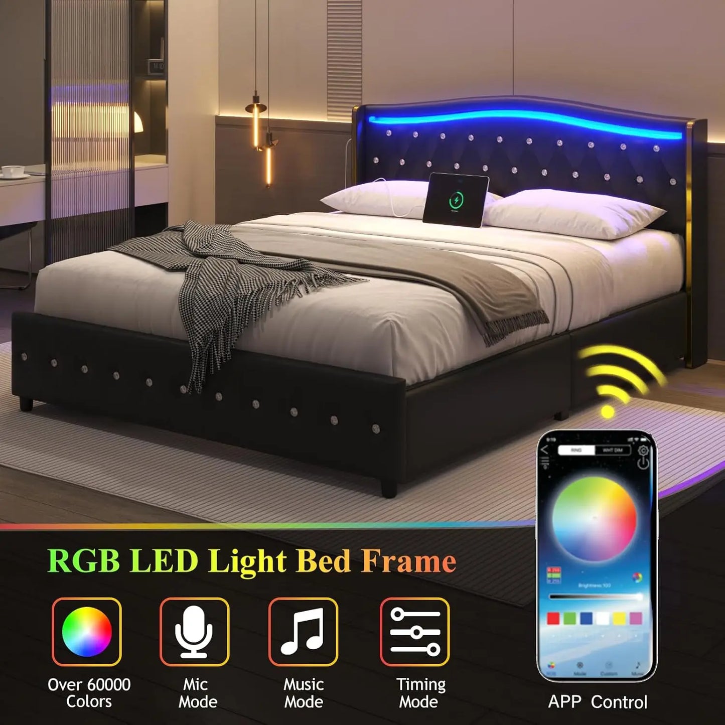 Wingback Upholstered Platform Bed With RGB LED Lights And Storage