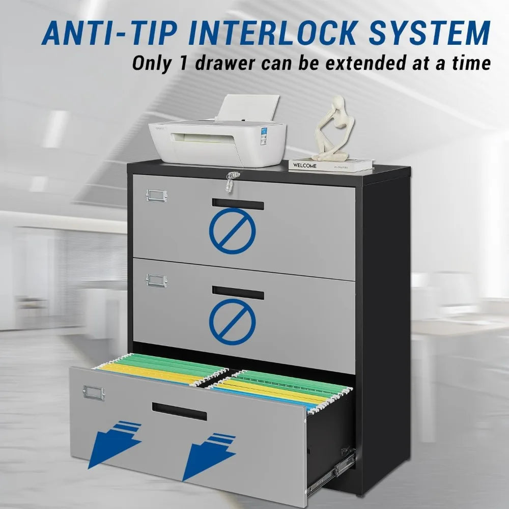3 Drawer Lateral File Cabinet With Lock For Home Office