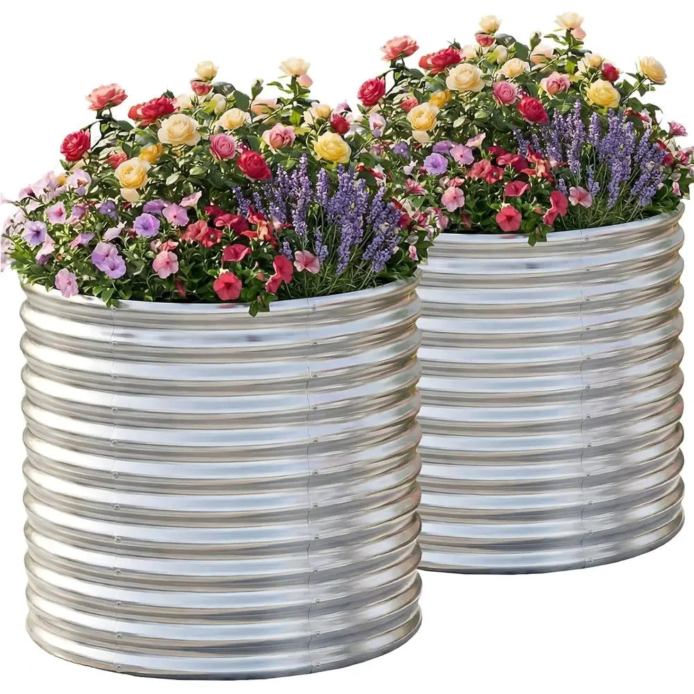 Set Of 2 Galvanized Steel Round Raised Garden Beds