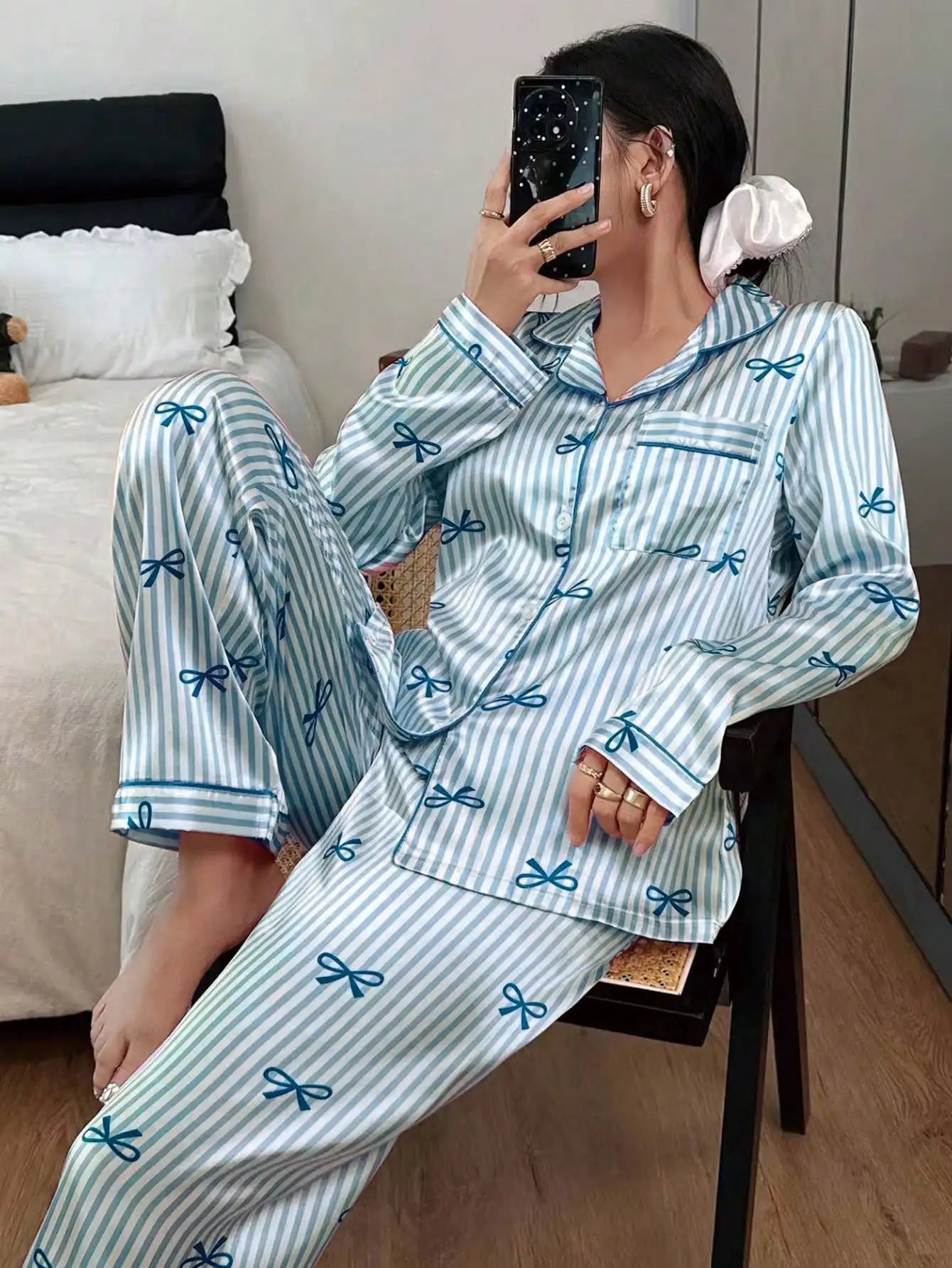 Women's Striped Satin Pajama Set With Bow Print Long Sleeve Top And Pants