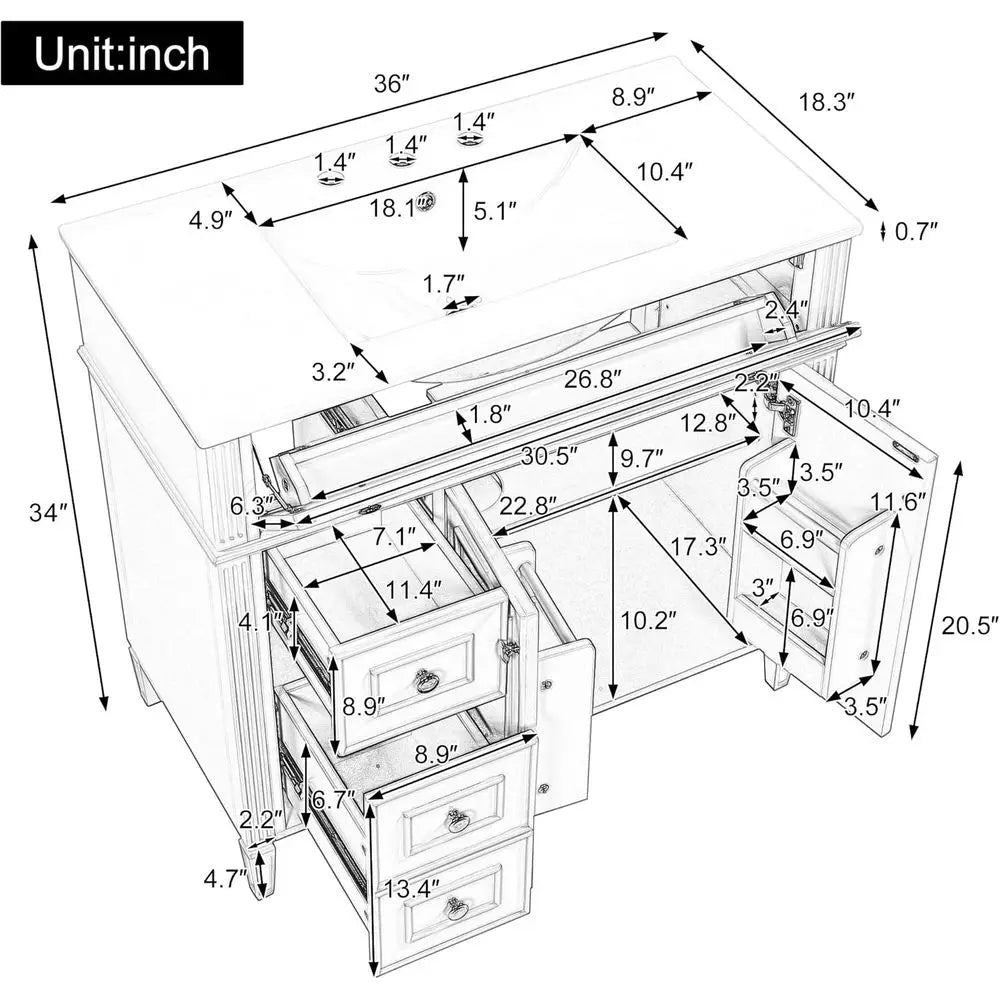 Bathroom Vanity Cabinet With Ceramic Sink, Solid Wood Frame