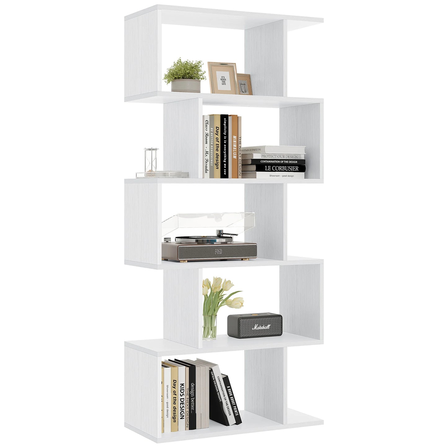 JHK Geometric S Shaped 5 Tier Wooden Bookcase Storage Shelf
