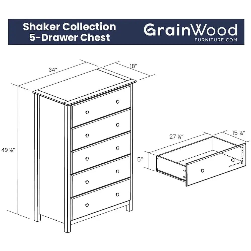 Solid Pine Wood Vanity Dresser With 5 Drawer Chest