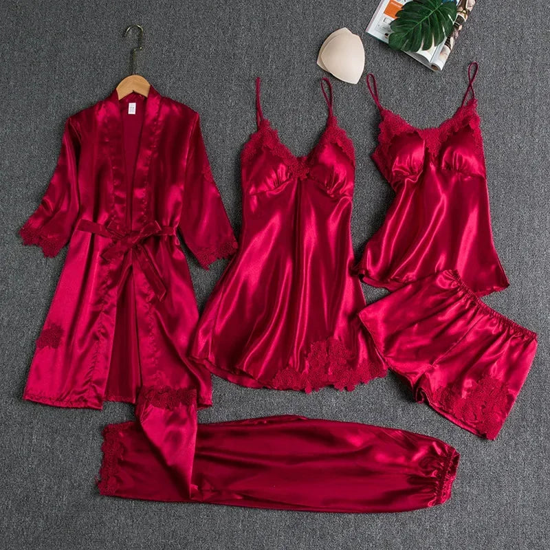 Ice Silk Sleepwear Set For Women V-Neck Long Sleeve Homewear
