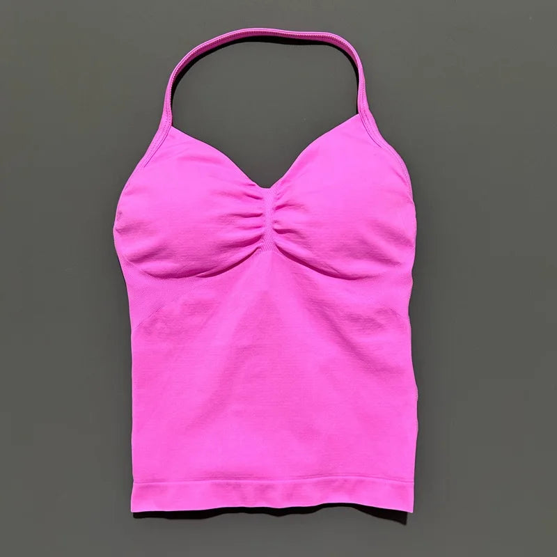 Women Gym Halter Top Longline Strappy Yoga Tank Removable Cups
