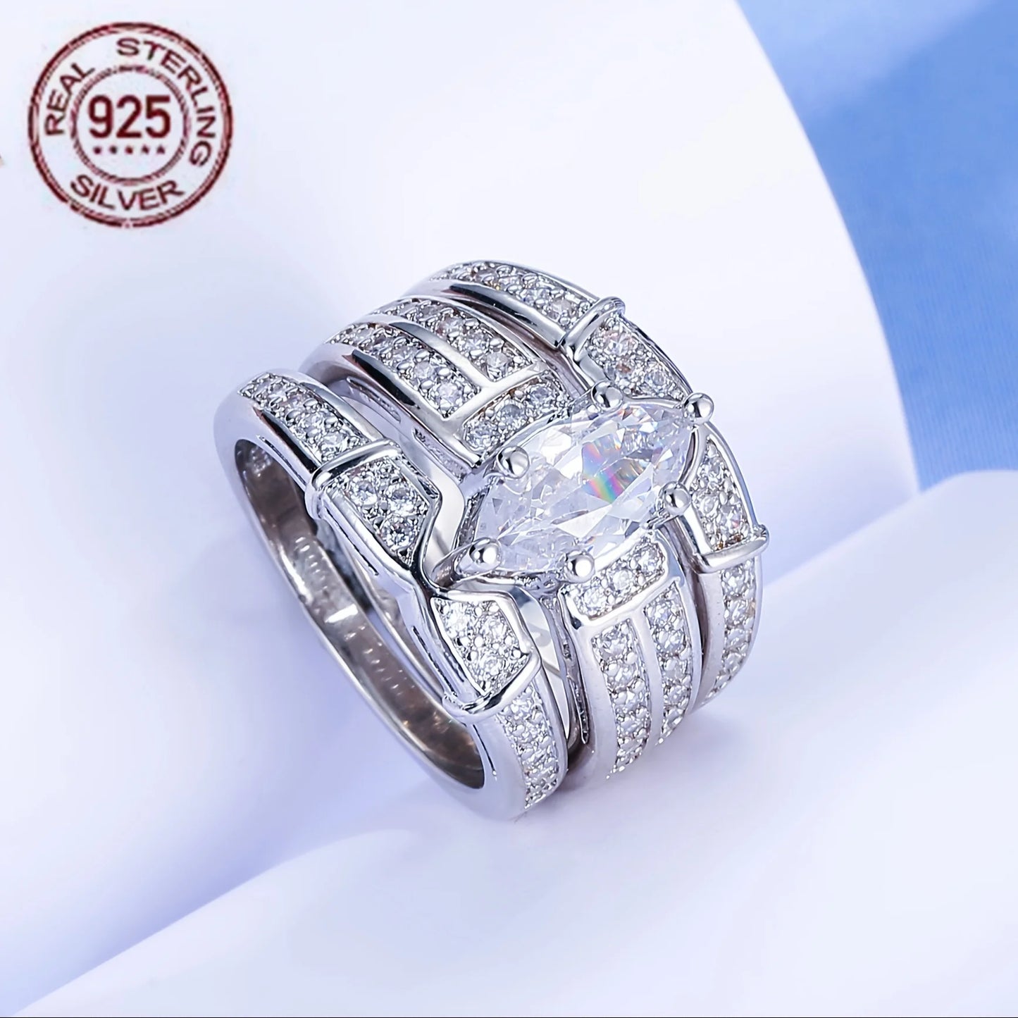 WPOOCC 3pc Sterling Silver Stackable Geometric Wedding Rings