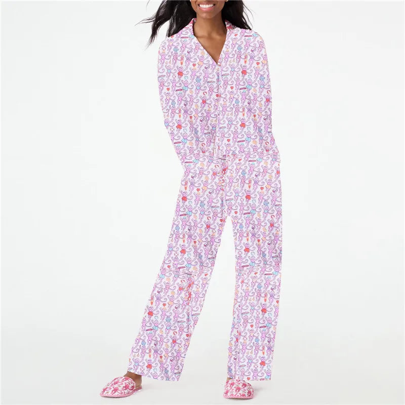 hirigin Women Pajama Set Cartoon Monkey Print Loungewear