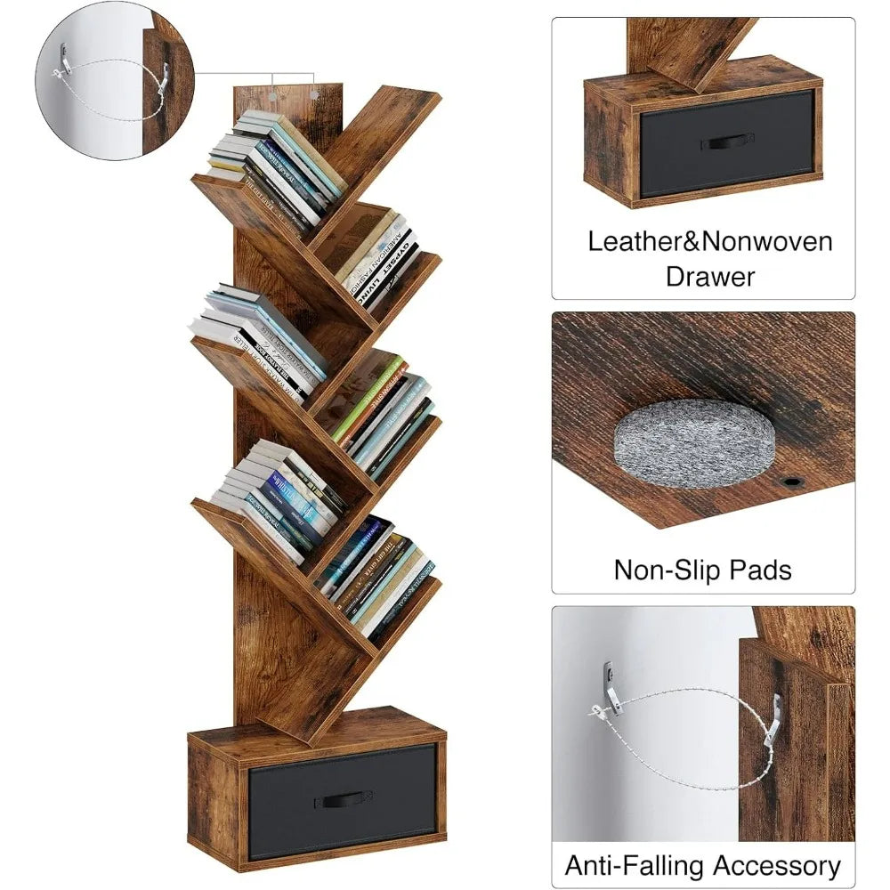 Rolanstar 7-Tier Tree Bookshelf With Drawer Storage Rack