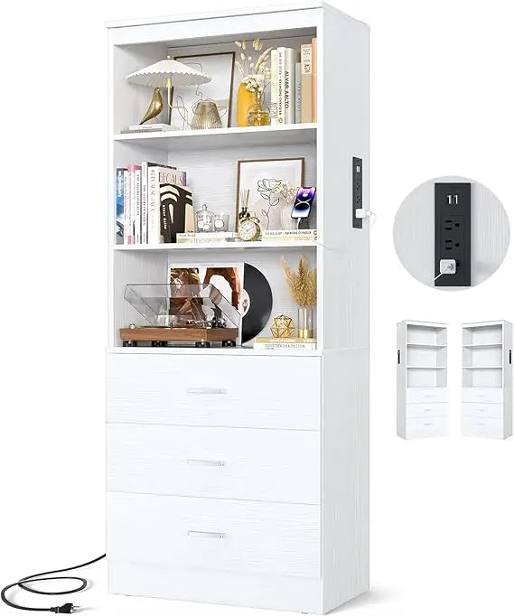 Bookshelf With USB Ports And Outlets, Three Drawer Cabinet And Shelves
