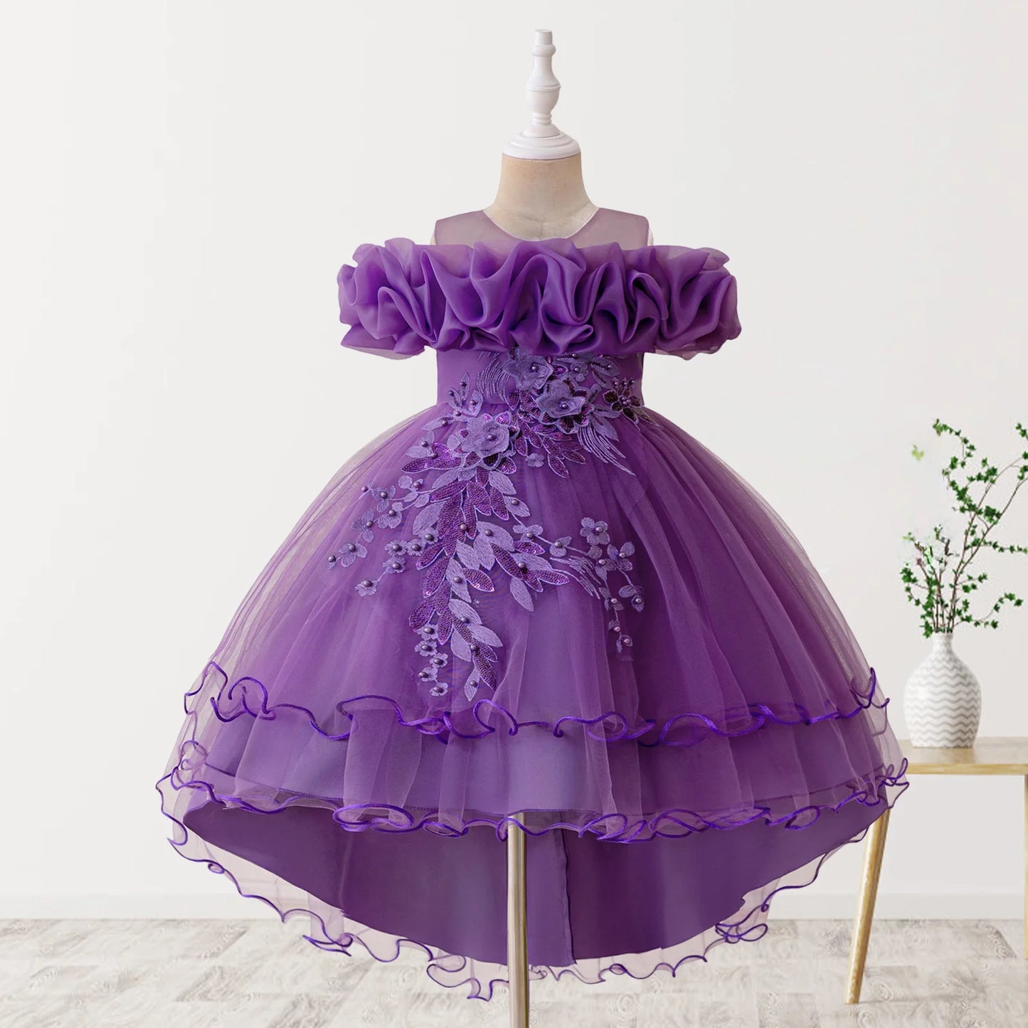 Toddler Girls Floral Print Sleeveless Tulle Dress With Ruffles