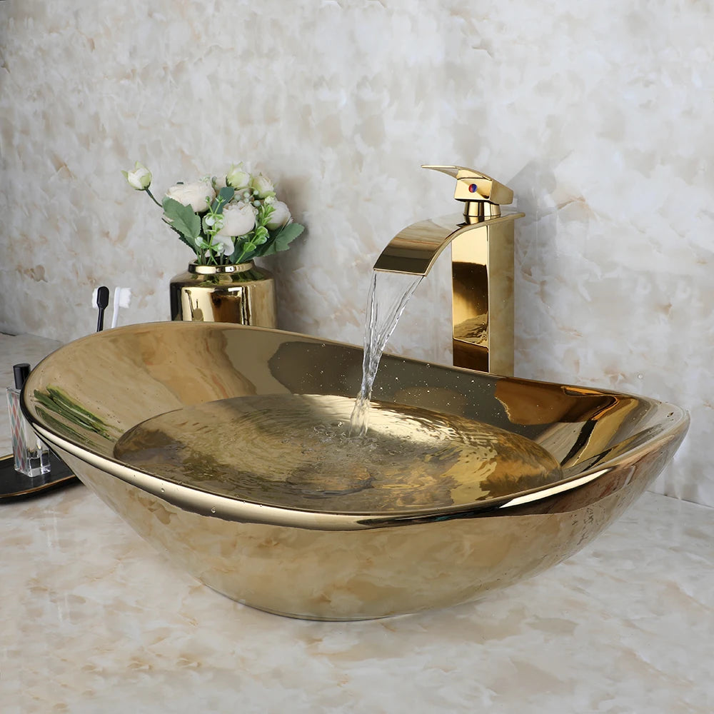 KEMAIDI Ceramic Vessel Sink With Waterfall Faucet Drain