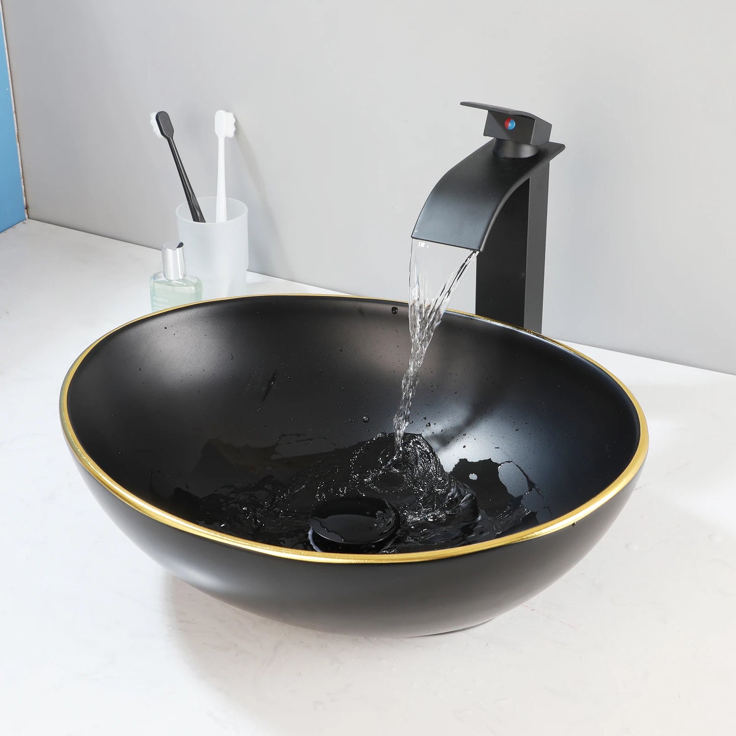MEKKHALA Oval Vessel Sink With Faucet Marble Ceramic