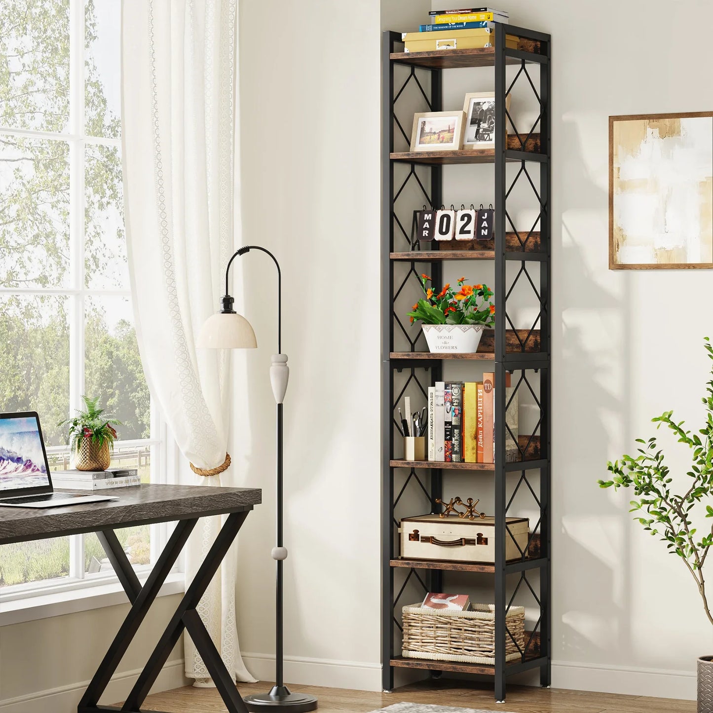 Tribesigns 7-Tier Slim Bookshelf For Small Spaces Freestanding Display
