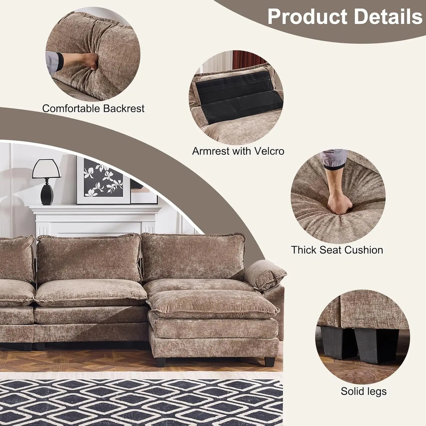 Premium Contemporary L Shaped Chenille Upholstered Sectional Sofa Featuring Ottoman