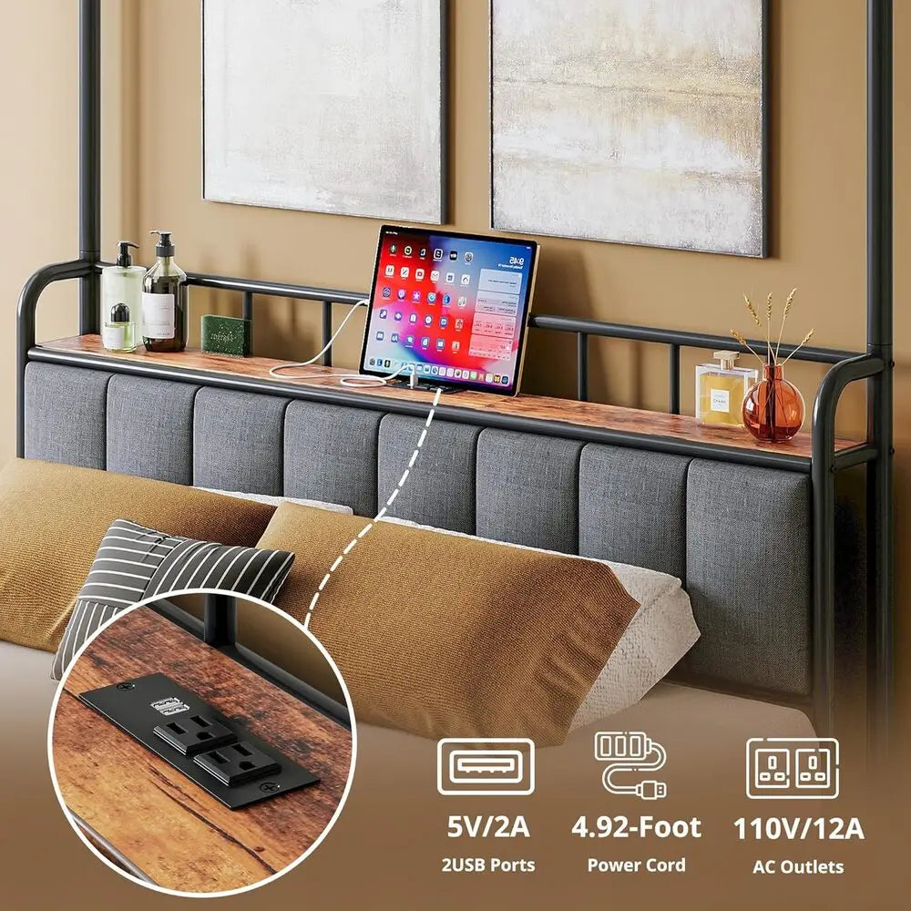 LIKIMIO Canopy Bed Frame Queen With Storage Headboard Charging Station