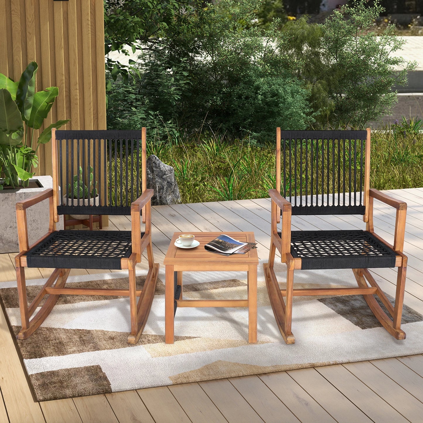 HOMASIS Patio Acacia Wood Bistro Table and Rocking Chair Set