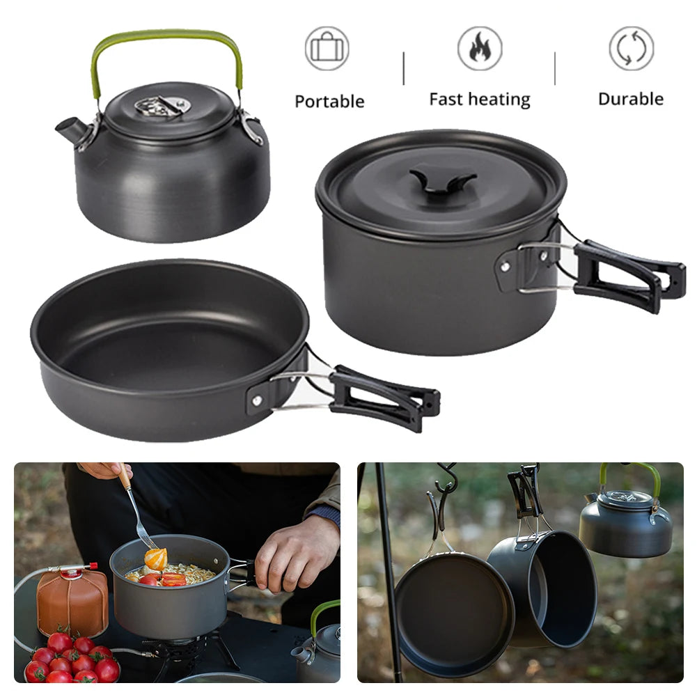Outdoor Camping Cookware Set 3-Piece Pot Pan Kettle Kit