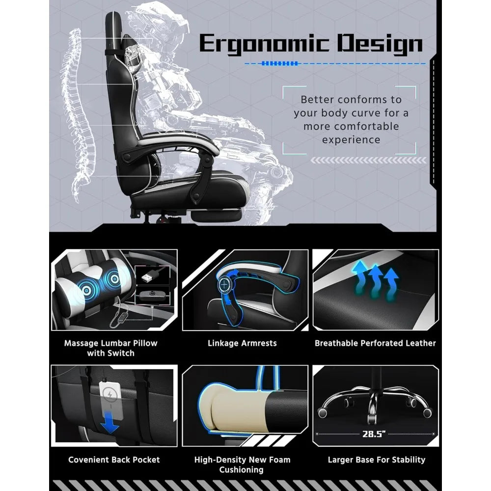 Ergonomics Gaming Chair With Swivel Seat And Headrest Massage Lumbar Support And Footrest