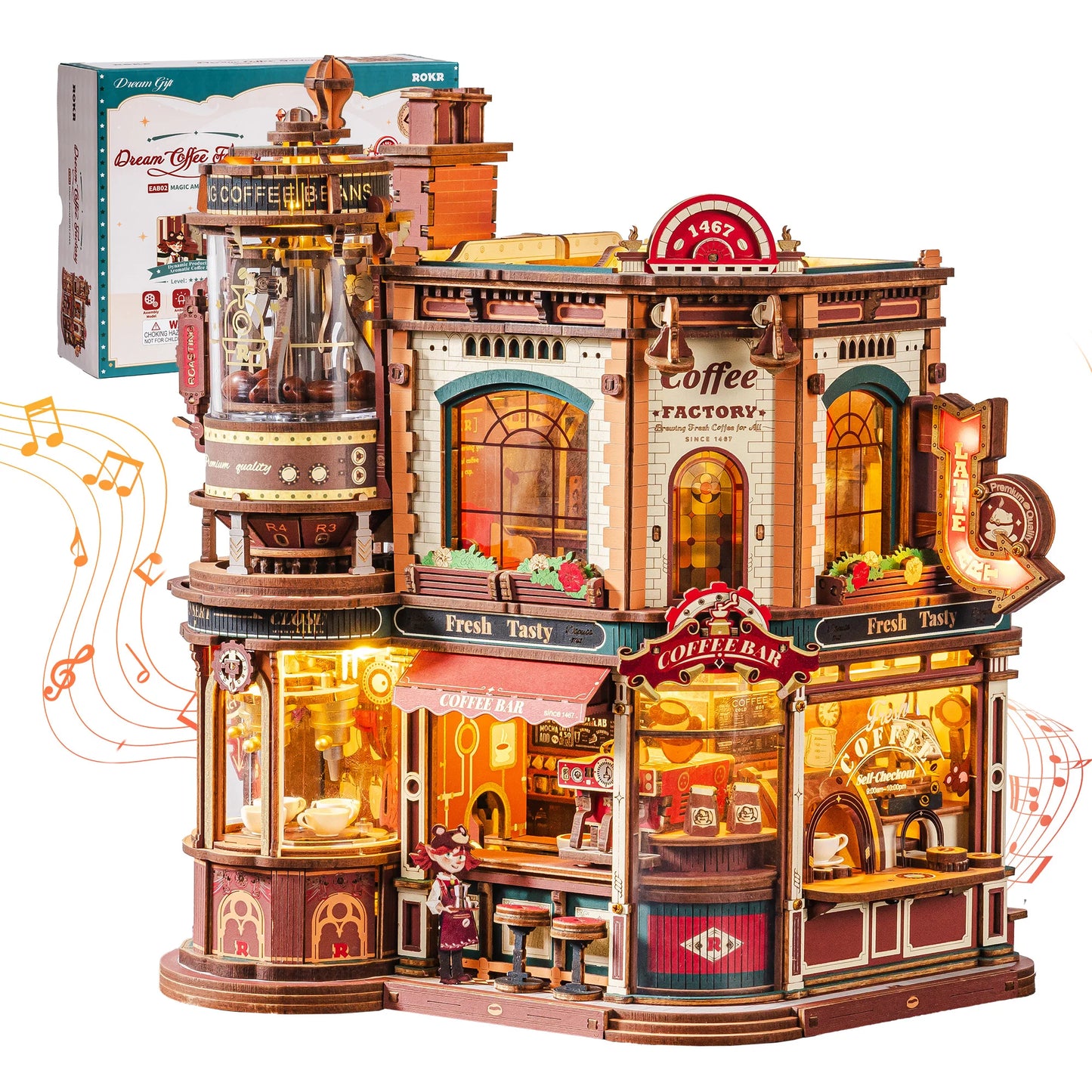ROKR Wooden 3D Puzzle Dream Coffee Factory Music Box Kit