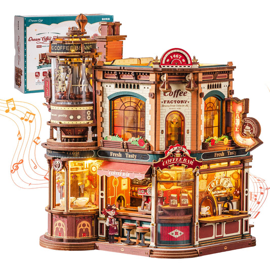 ROKR Wooden 3D Puzzle Dream Coffee Factory Music Box Kit