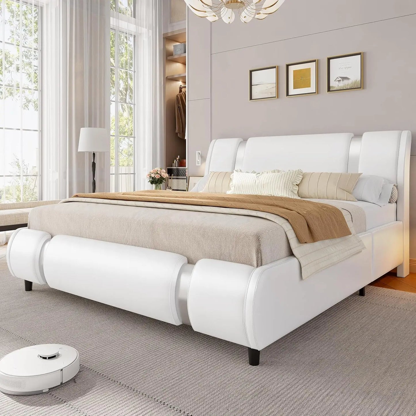 Keyluv Modern Faux Leather Upholstered Platform Bed Frame With Headboard
