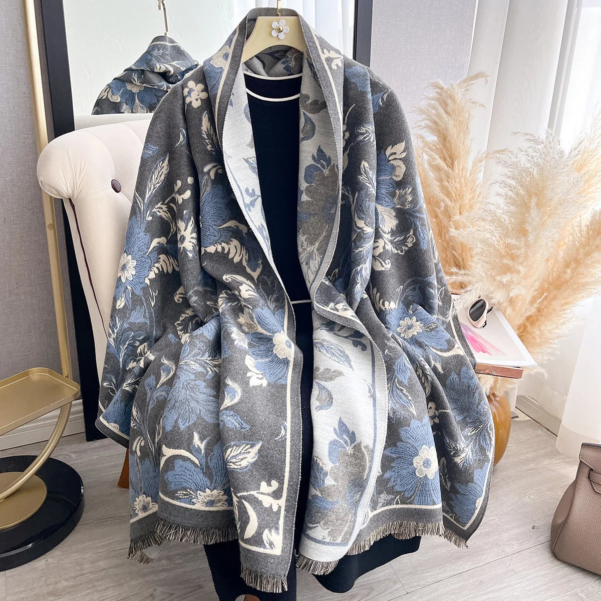 Floral Print Winter Scarf For Women Warm Polyester Shawl Wrap
