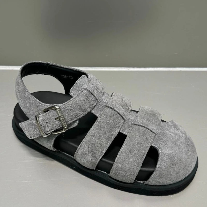 Autuspin Retro Women Genuine Leather Flat Sandals Buckle Comfort
