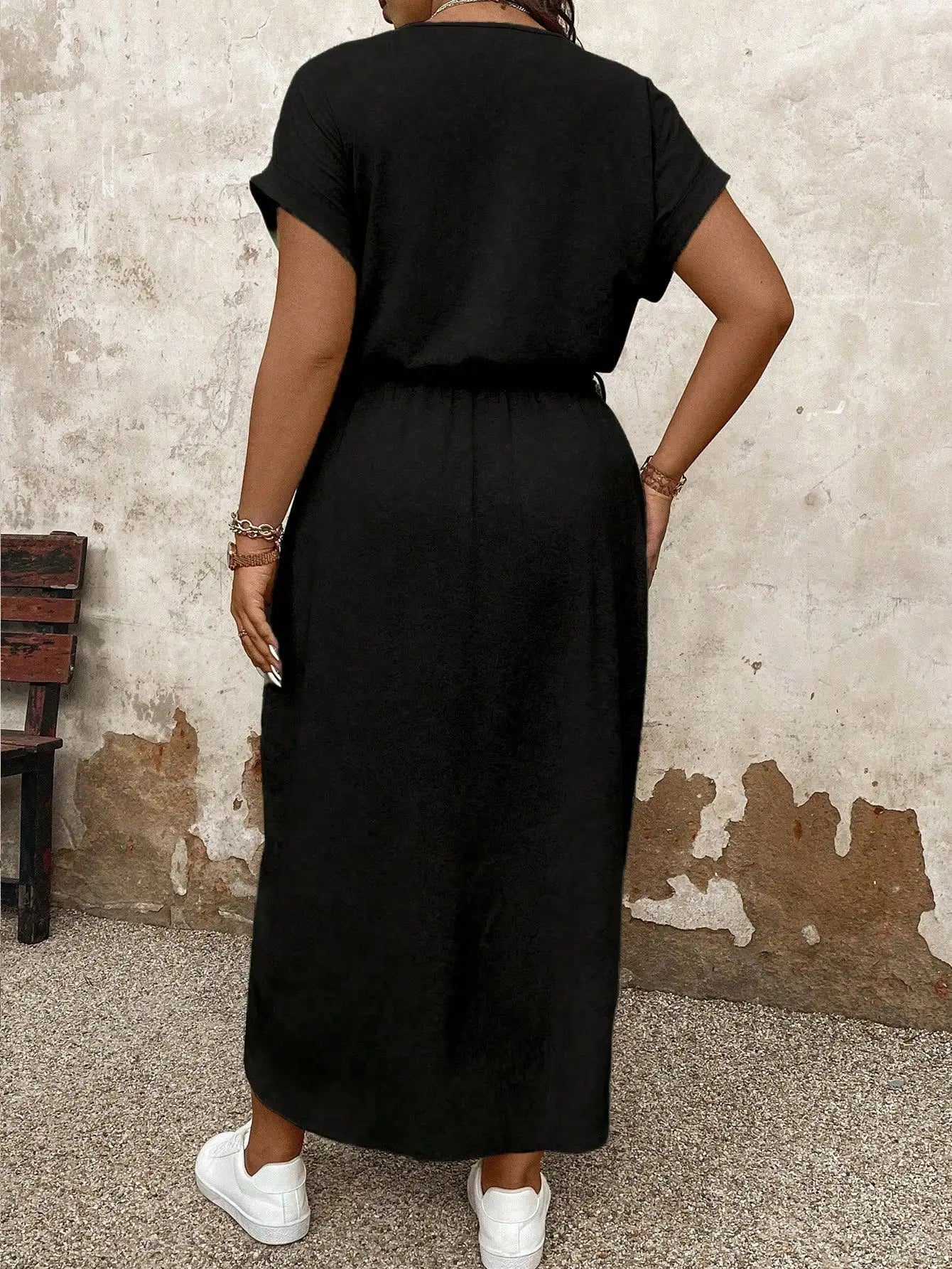 Casual Round Neck Batwing Sleeve Asymmetrical Hem Midi Dress